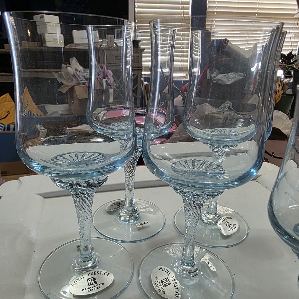 Set Of 8 Saffire Blue Royal Prestige Hand Blown Crystal Wine/ Water Glasses